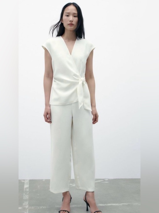 Zara Pants - Womens White Wrap-Front Wide Leg Jumpsuit
